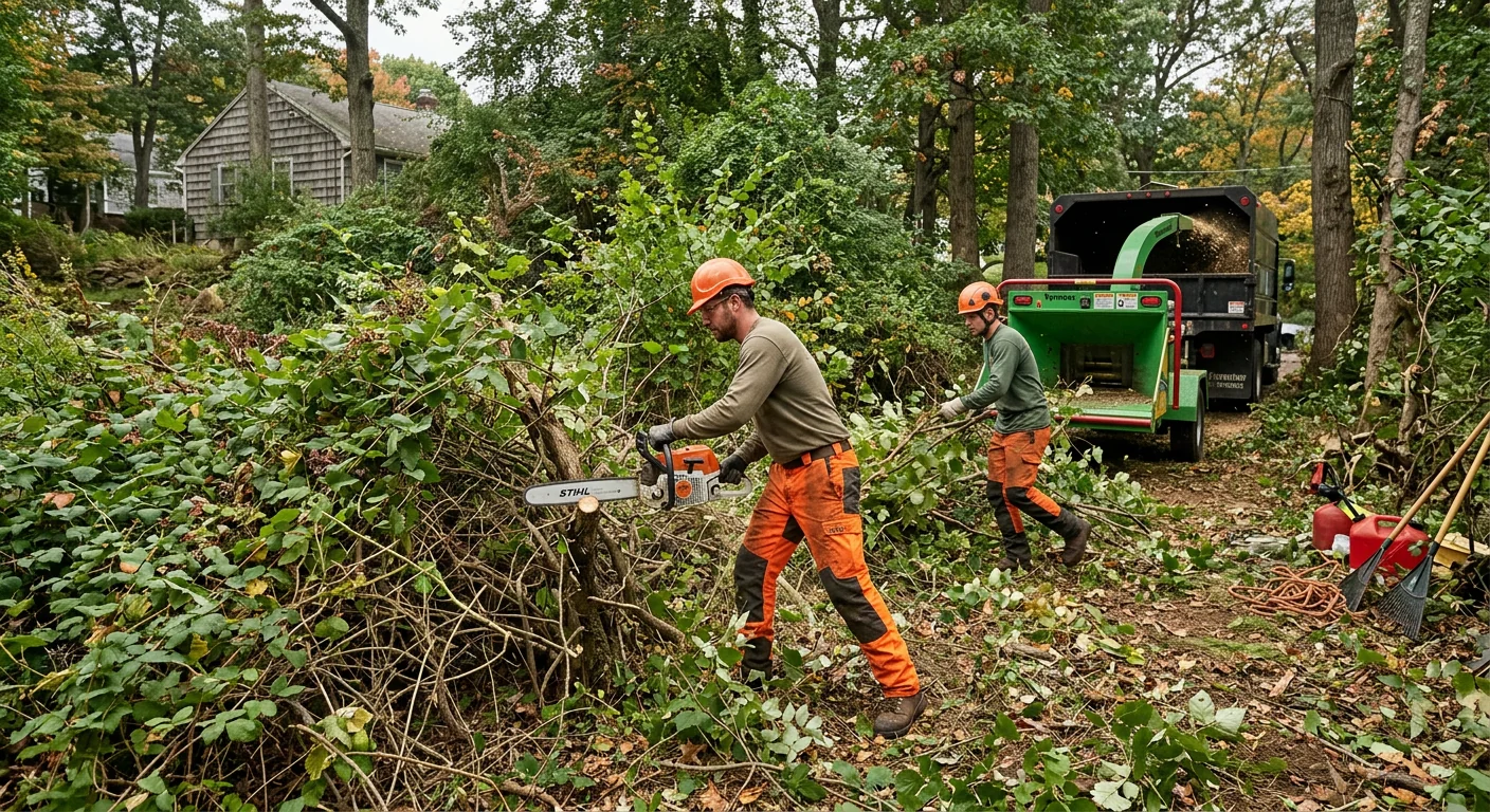 Dense overgrown backyard thicket before brush removal on a Shelton residential lot