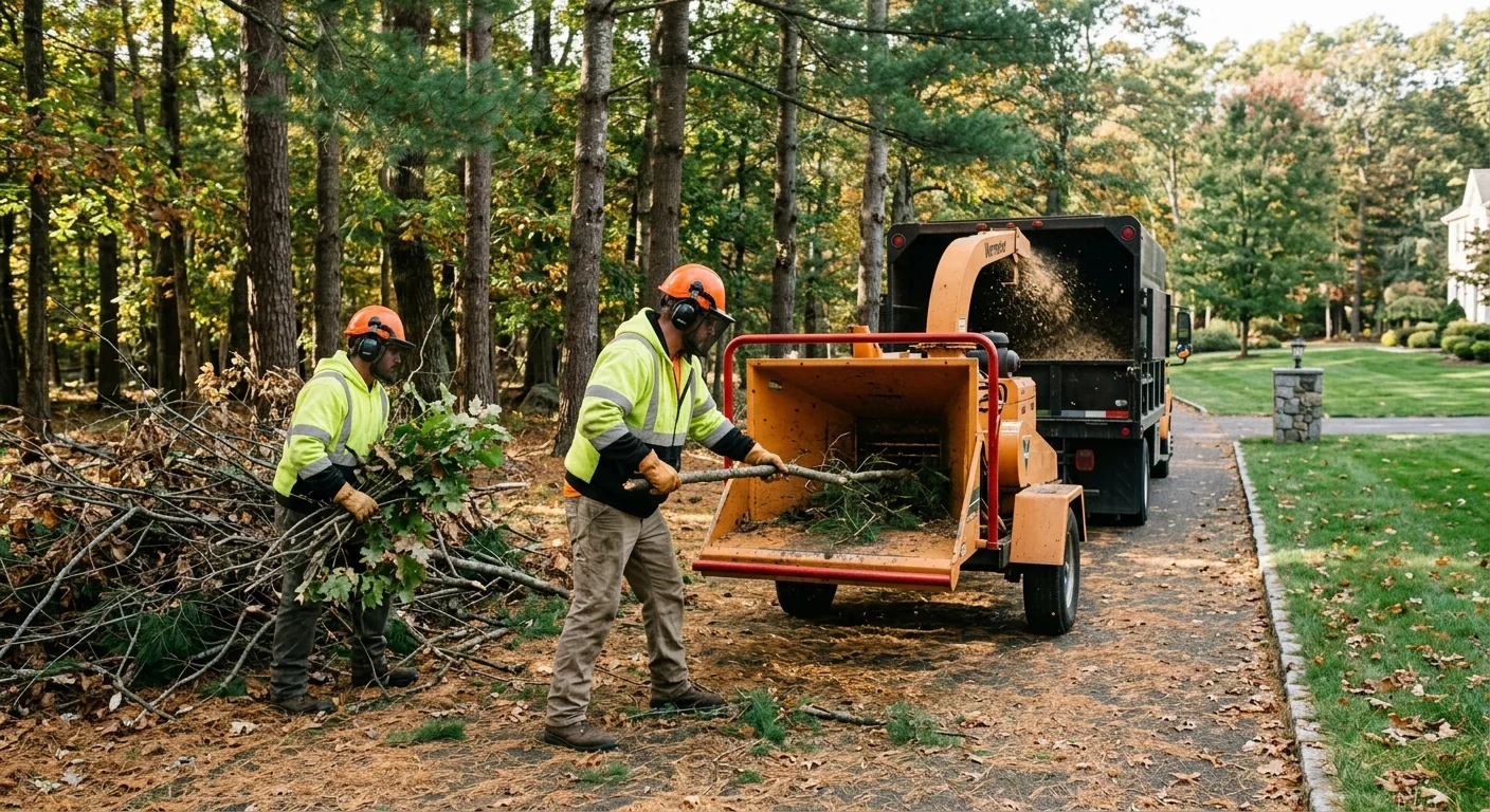 Crew feeding cut brush into a wood chipper along a wooded Shelton property line