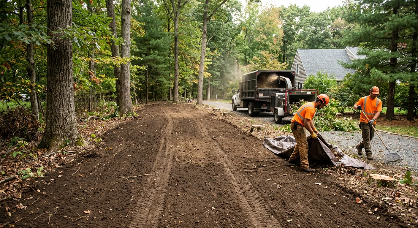 Cleared lot line with neatly raked ground after brush removal in Shelton