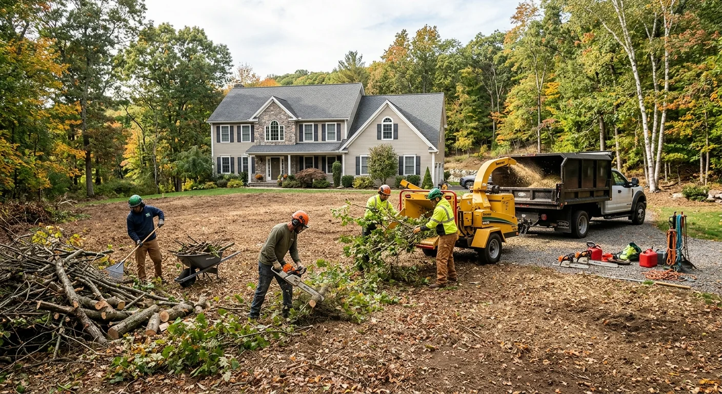 Wide shot of a suburban yard cleared of dense undergrowth and cut brush piles