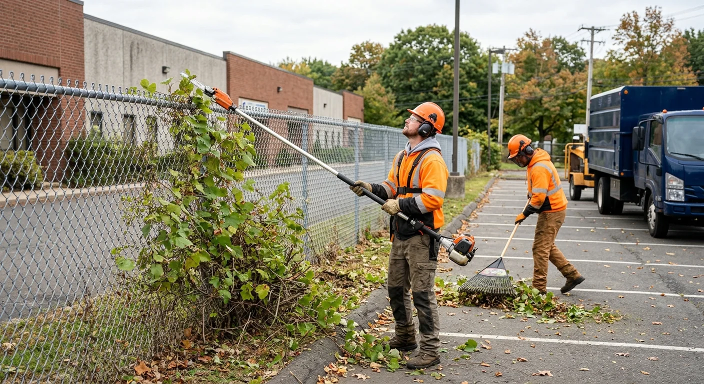Pole pruners trimming low overgrowth along a fenced commercial frontage