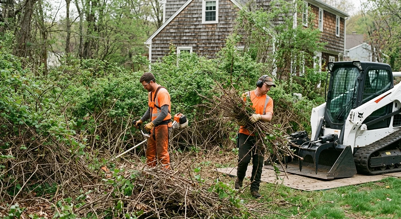Overgrown backyard thicket before professional brush clearing in Shelton