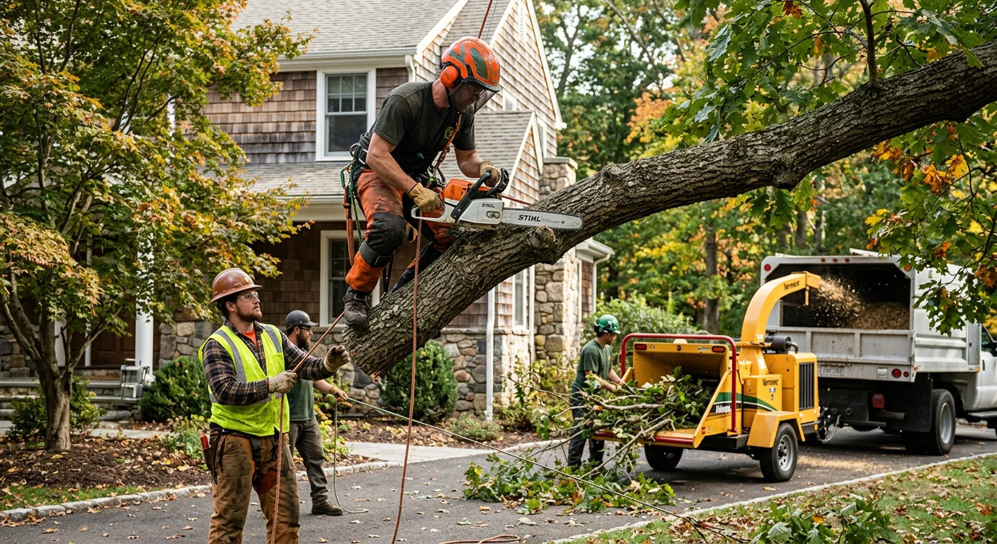 Crane lifting a large sectioned tree over a residential Shelton property during removal