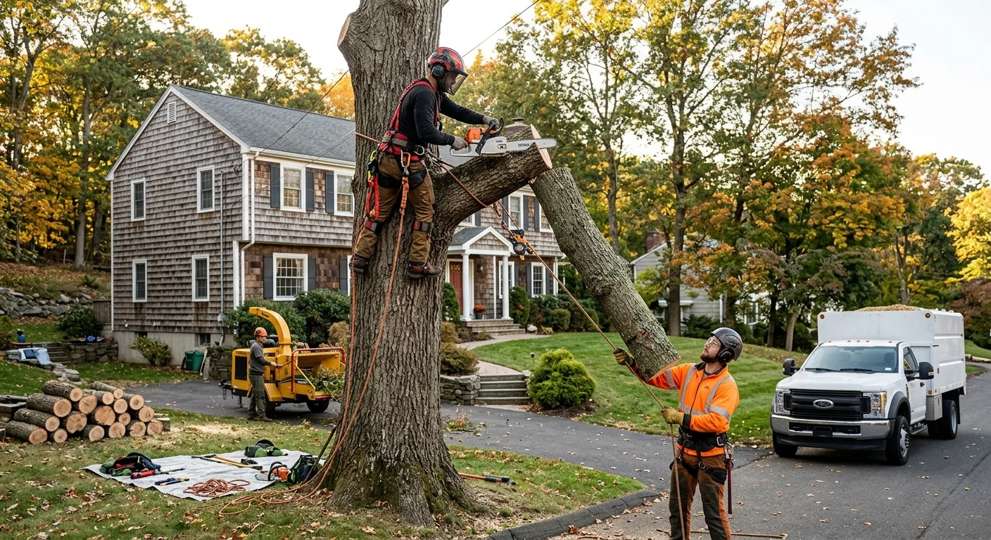 Mobile crane lifting a large tree section over a Shelton backyard