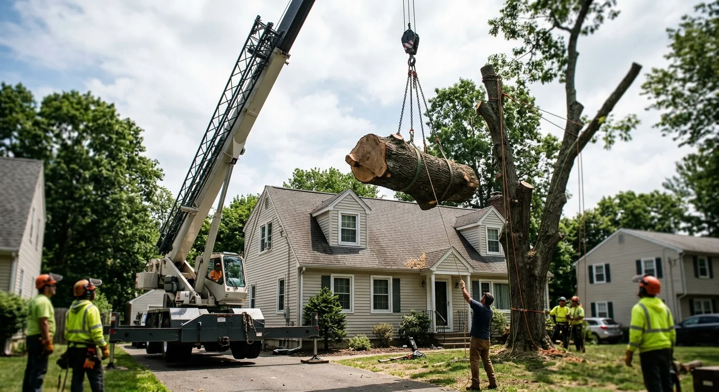 Crane lifting a large sectioned oak trunk above a Shelton rooftop