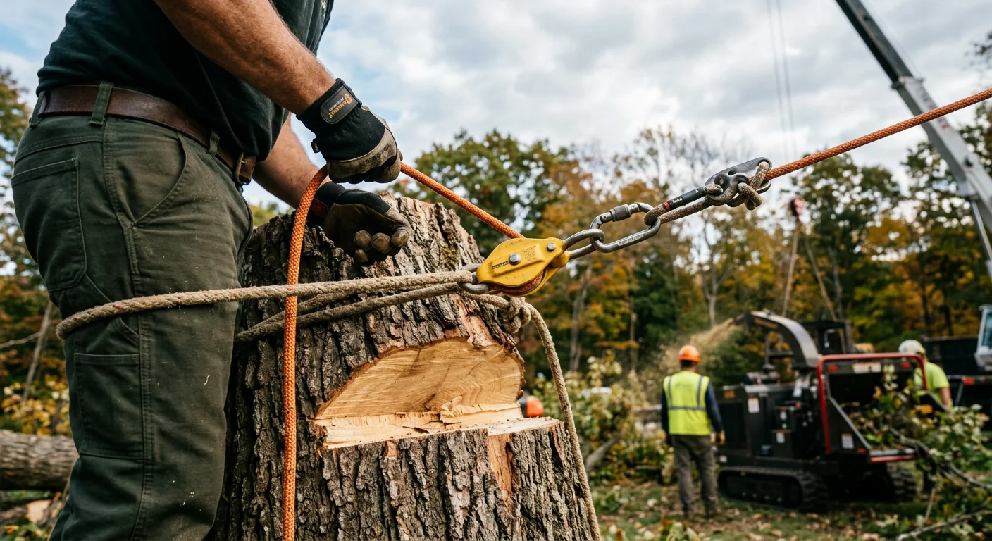 Close-up of rigging hardware and cable secured to a heavy tree section