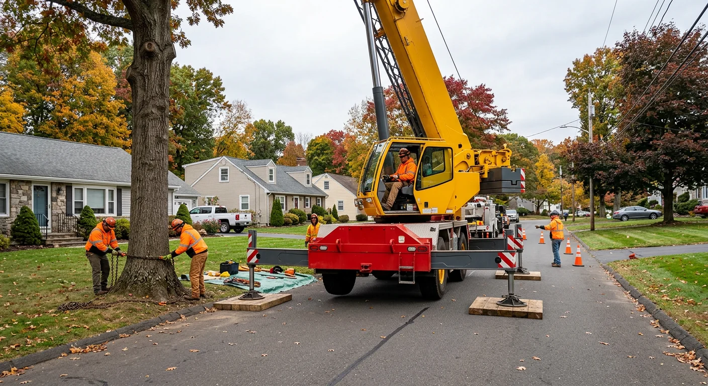 Wide view of a crane staged on a residential street before removal work