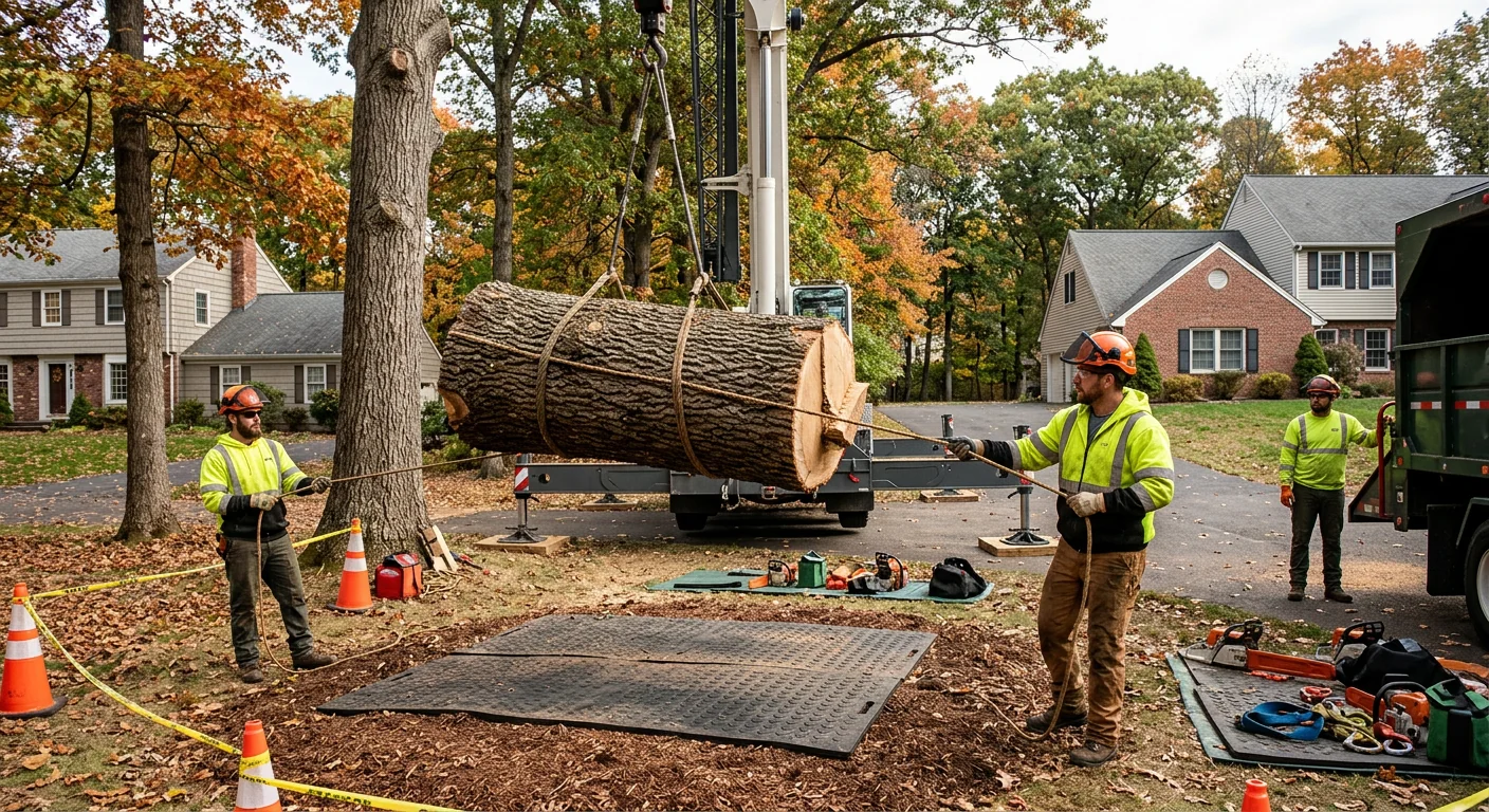 Ground crew guiding a suspended trunk section into a controlled drop zone