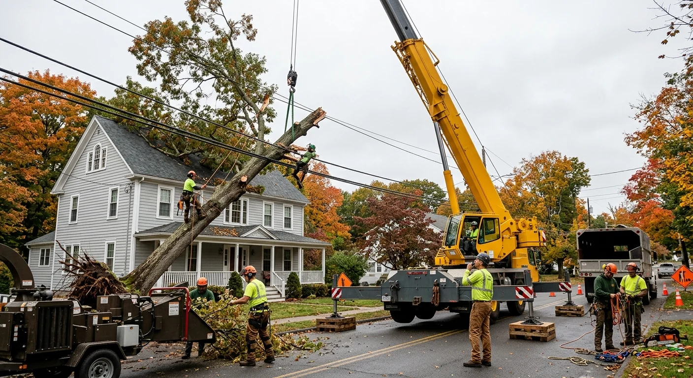 Storm-damaged tree leaning over a home awaiting careful crane removal