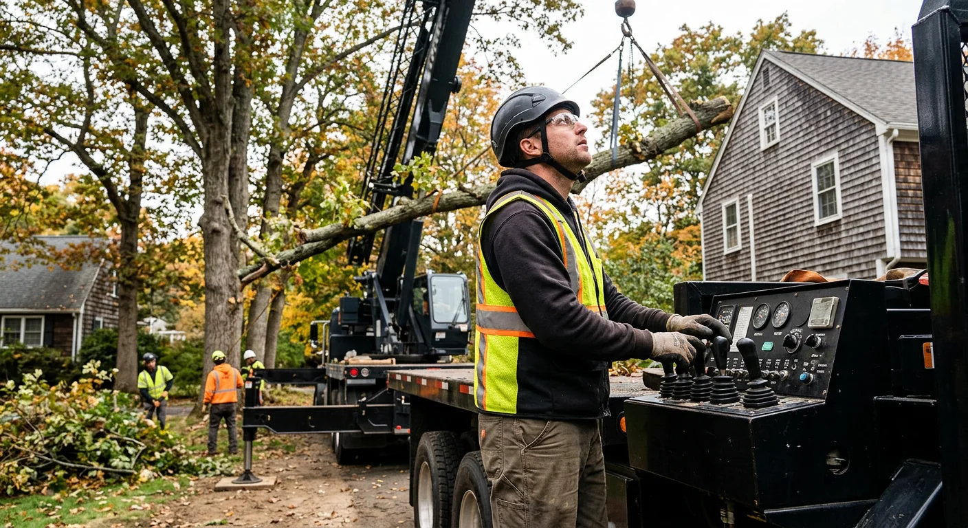 Operator managing crane controls during a precise overhead tree lift