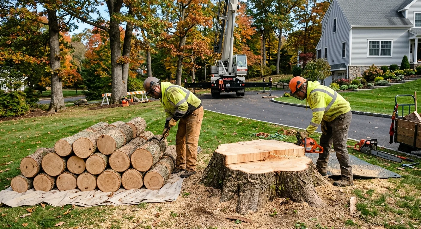 Detail of a cleanly cut stump and stacked logs after crane sectioning