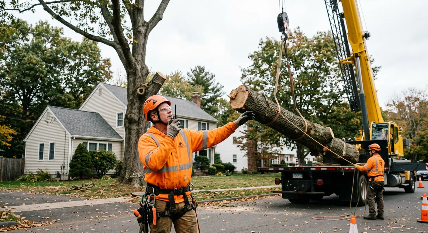 Arborist directing a crane pick during a controlled Shelton tree removal