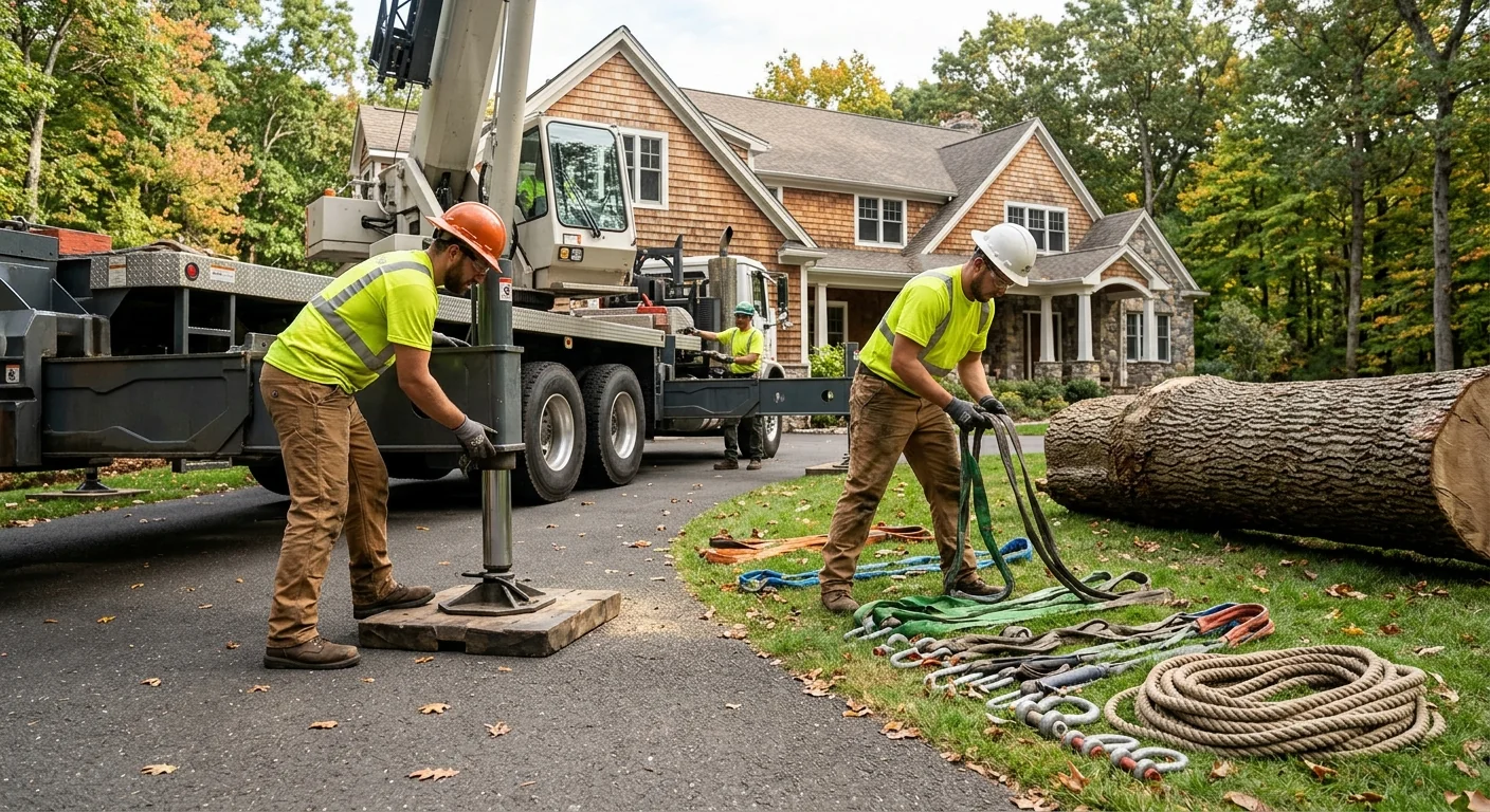 Crew staging outrigger pads and rigging lines before lifting a large trunk
