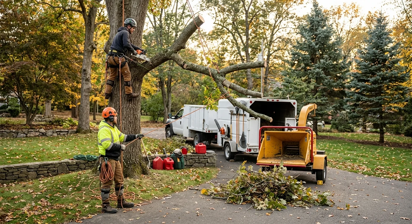 Arborist assessing a storm-damaged tree near a Shelton home for emergency removal