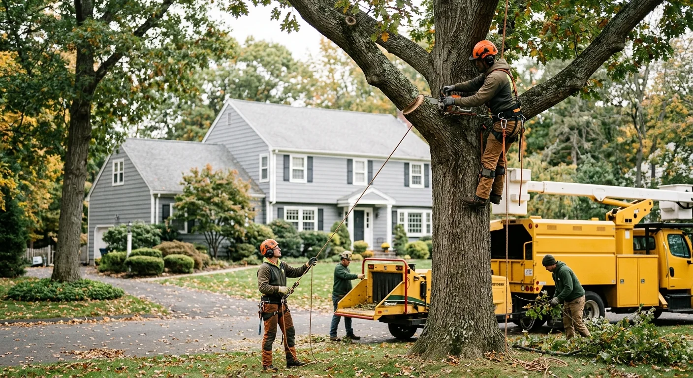 Tree service crew clearing storm-damaged limbs from a Shelton property at dusk
