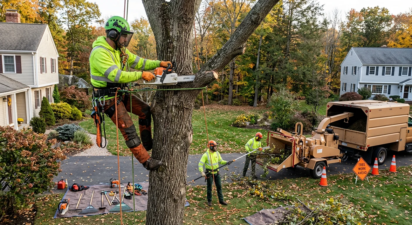 Tree crew clearing a storm-damaged trunk from a Shelton residential yard