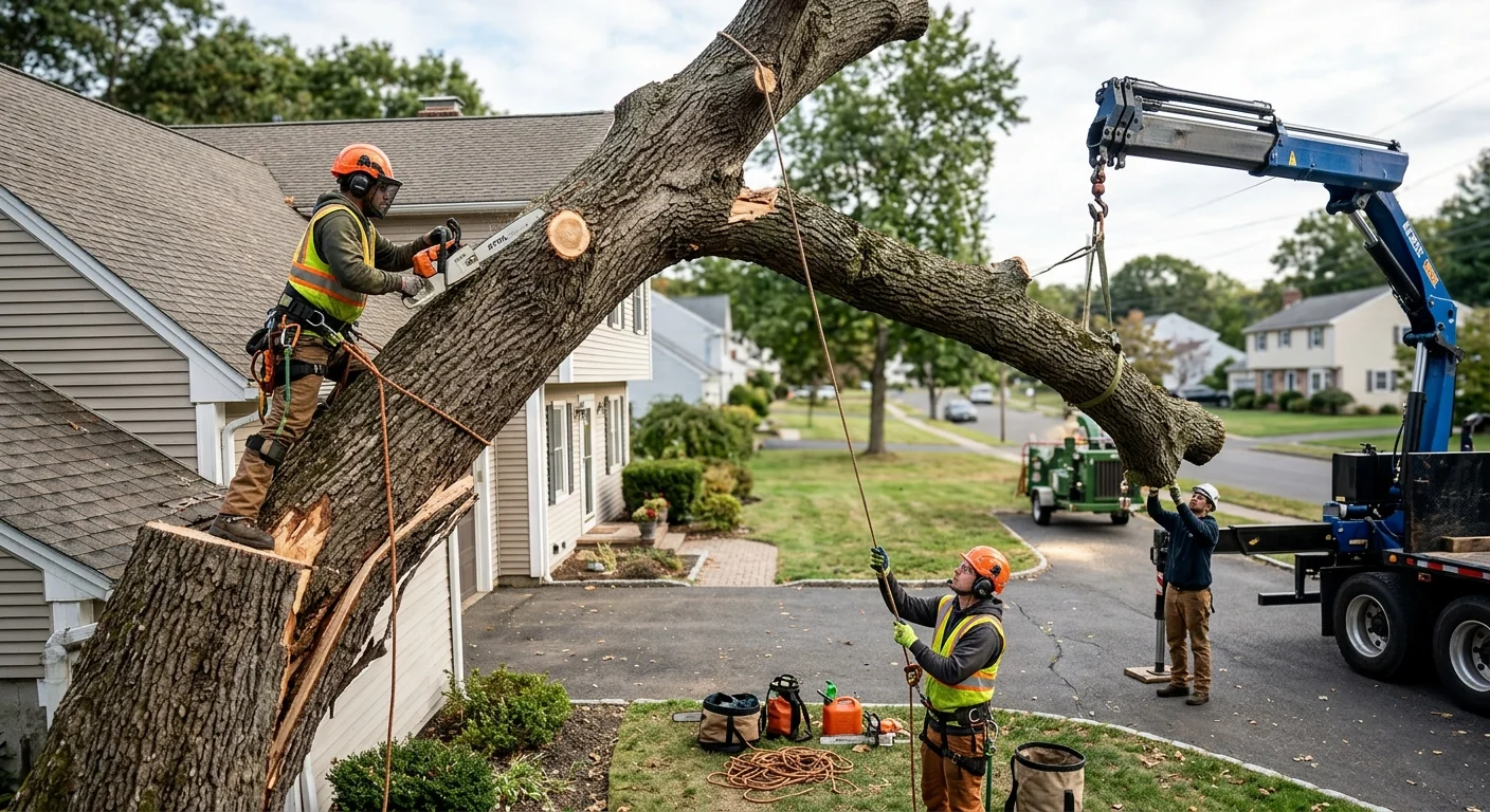 Storm-toppled oak leaning over a Shelton rooftop before controlled removal