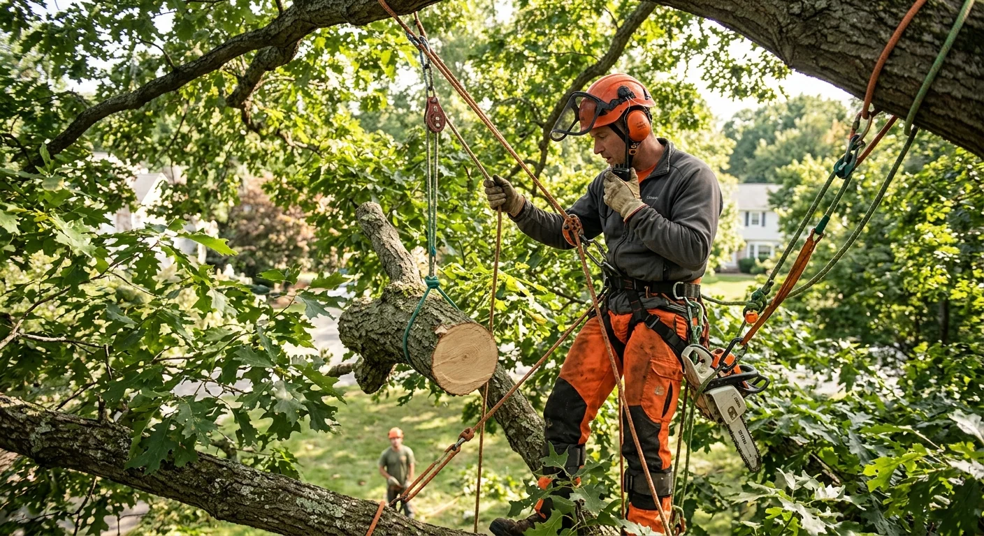 Arborist performing sectional dismantling with rigging ropes high in a hardwood canopy