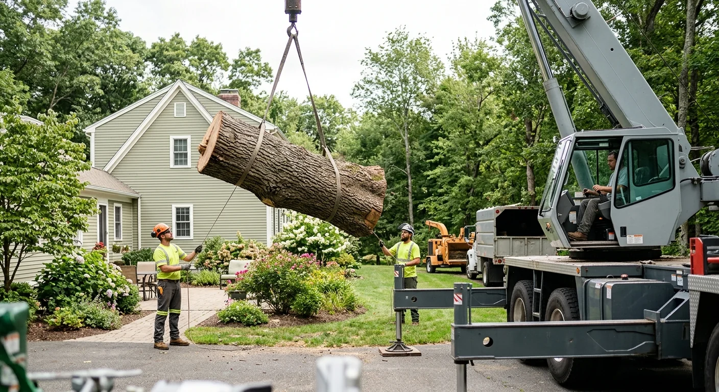 Crane lifting a large severed trunk section clear of a residential backyard