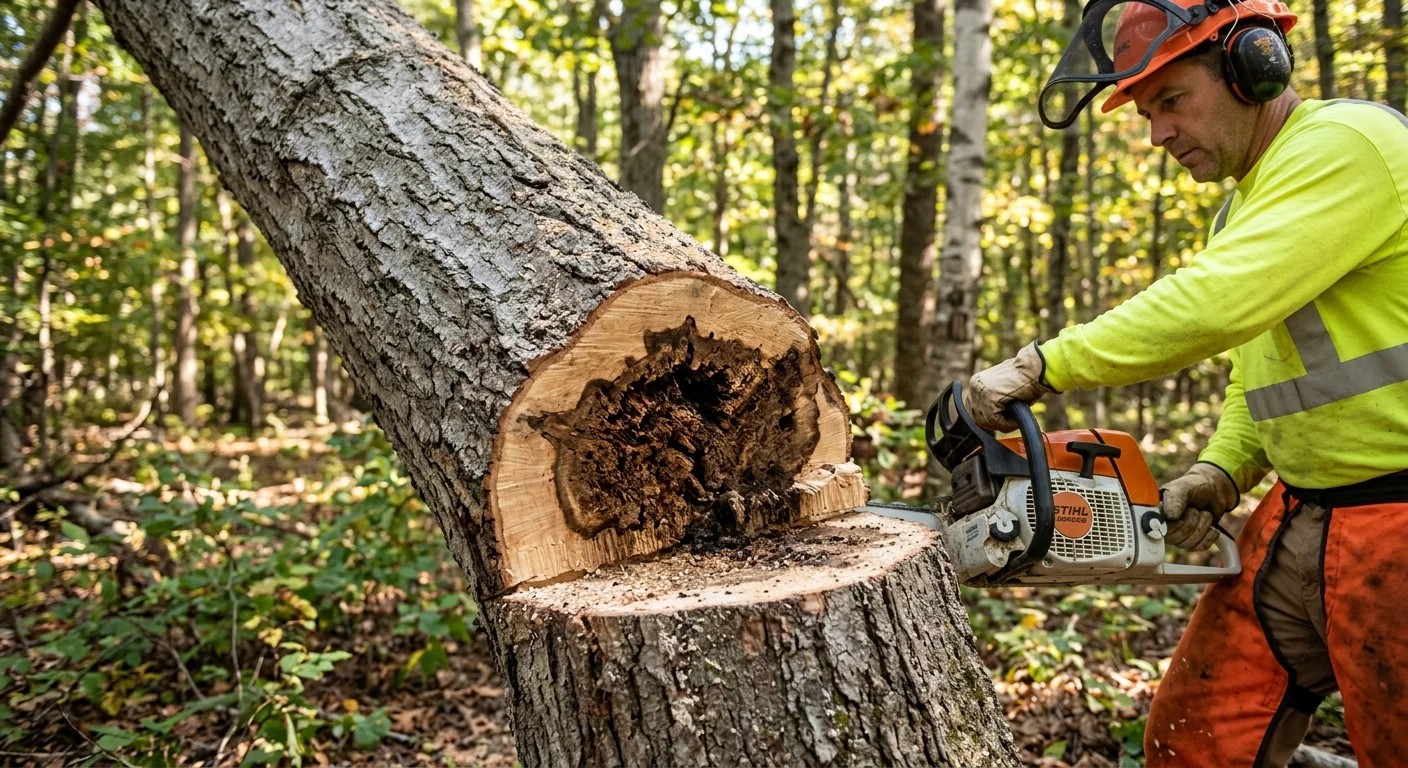Close-up of chainsaw cut on a decayed leaning trunk showing internal rot