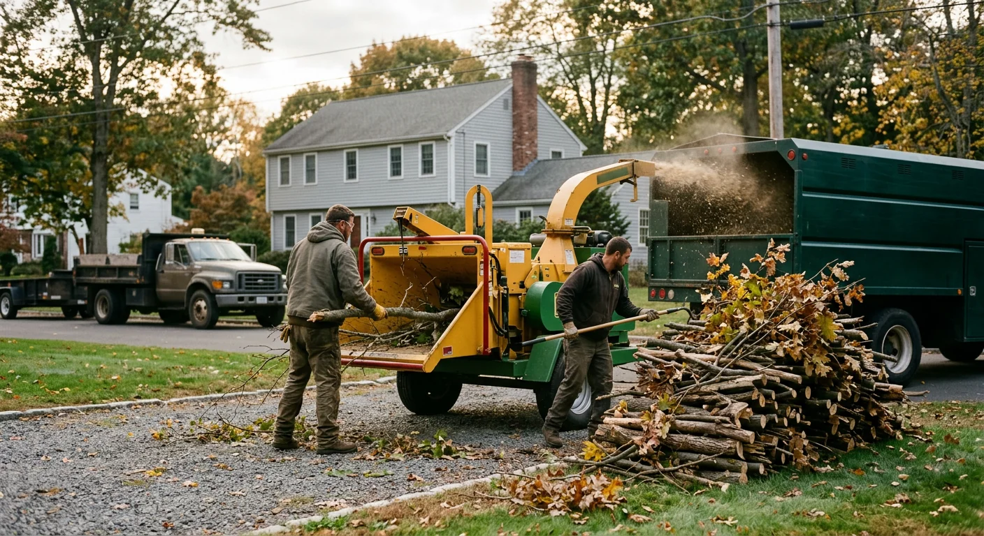 Wood chipper processing storm debris beside a stacked pile of branches