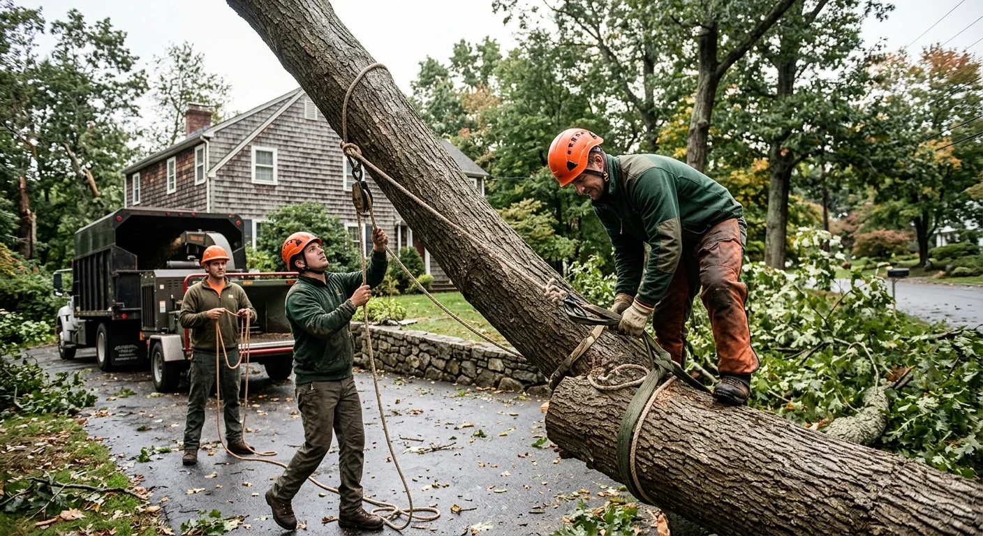 Crew rigging a fallen storm-damaged tree during emergency service in Shelton