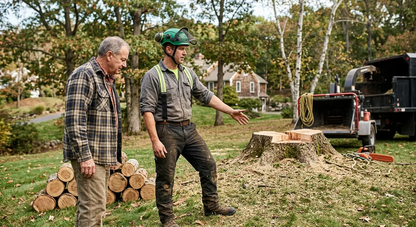 Technician performing post-job walkthrough after emergency tree removal on a Shelton property