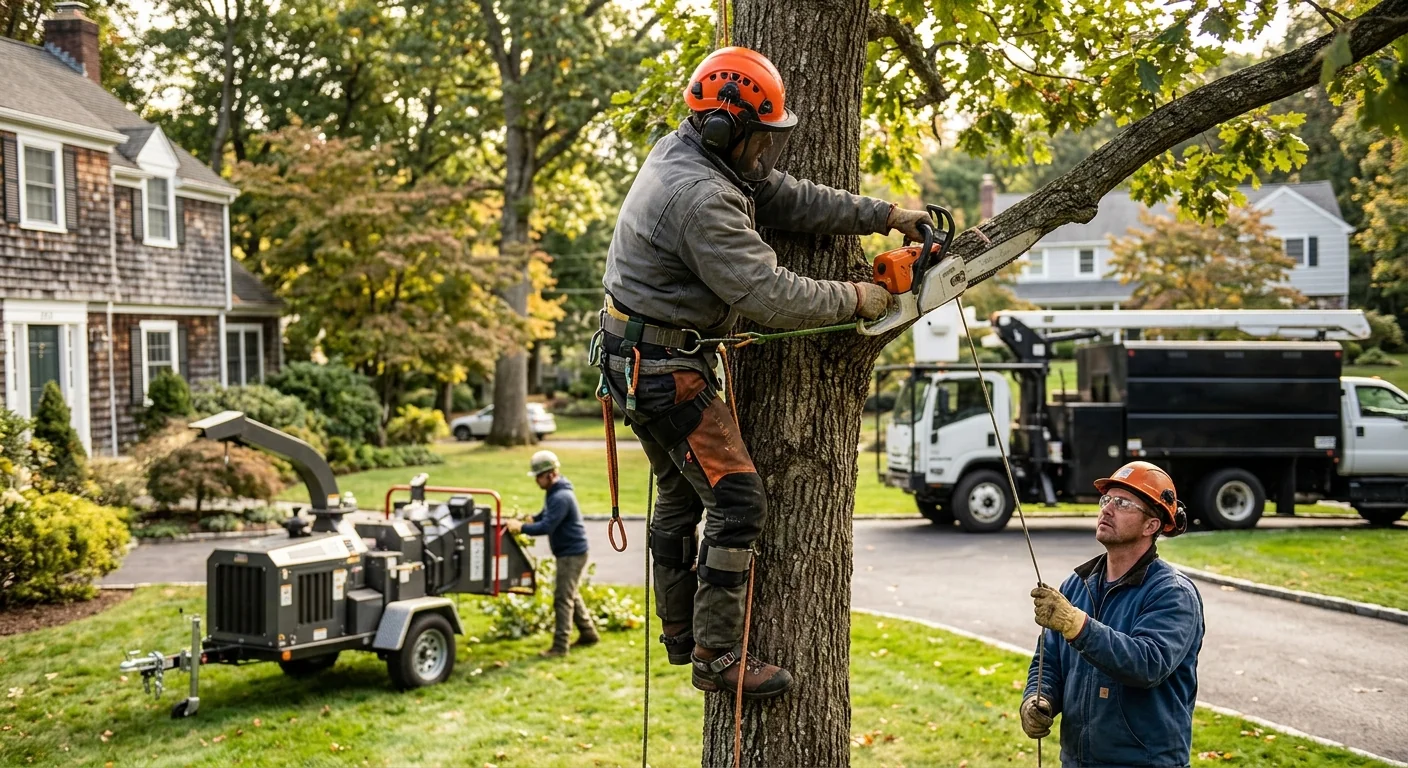 Arborist assessing a leaning hazardous tree near a Shelton home before removal
