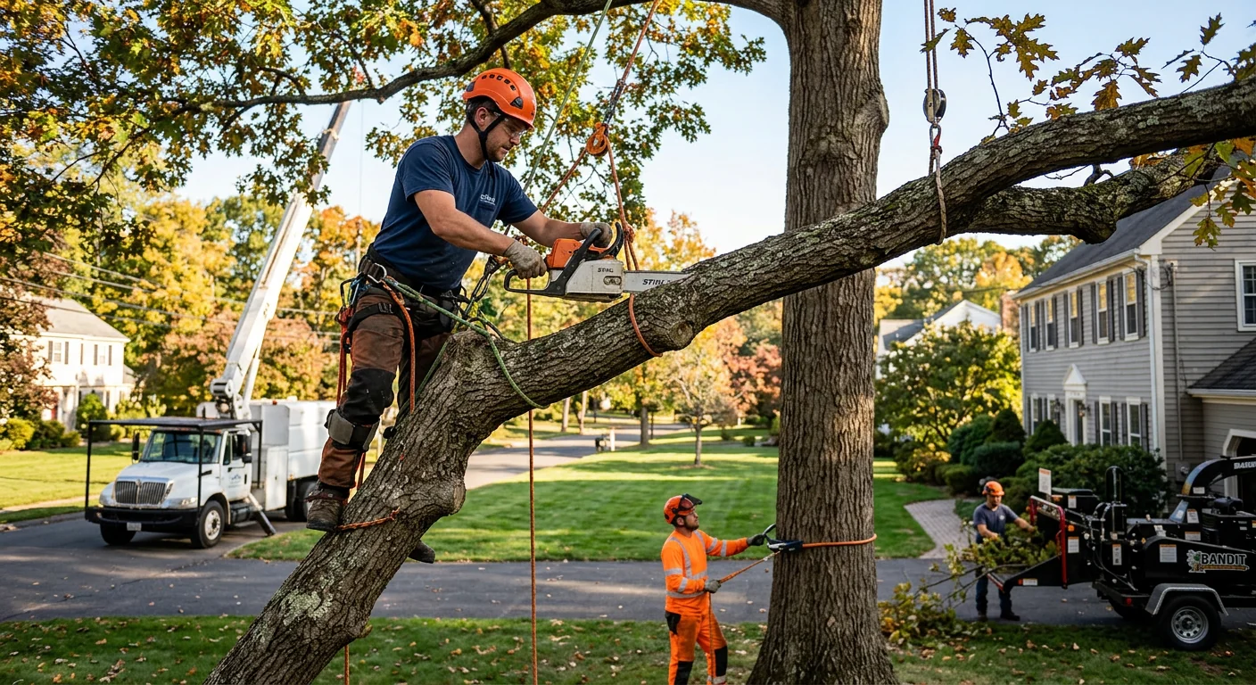 Arborist safely removing a hazardous leaning tree near a Shelton home