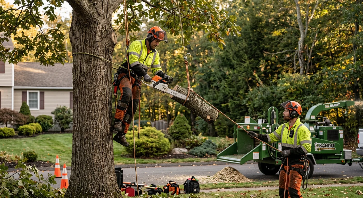 Arborist rigging a leaning hazardous tree above a Shelton residential yard