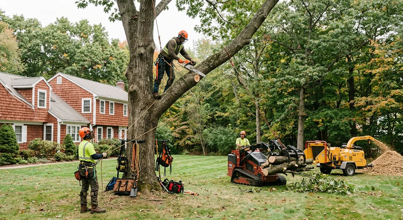 Cracked leaning tree with lifting roots threatening a Shelton home during winter