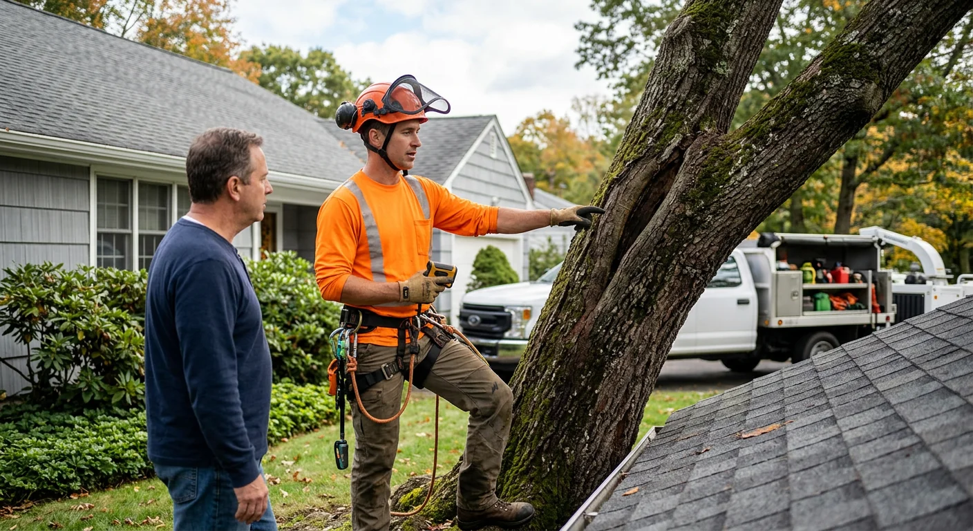 Arborist assessing a leaning hazardous oak near a Shelton home rooftop