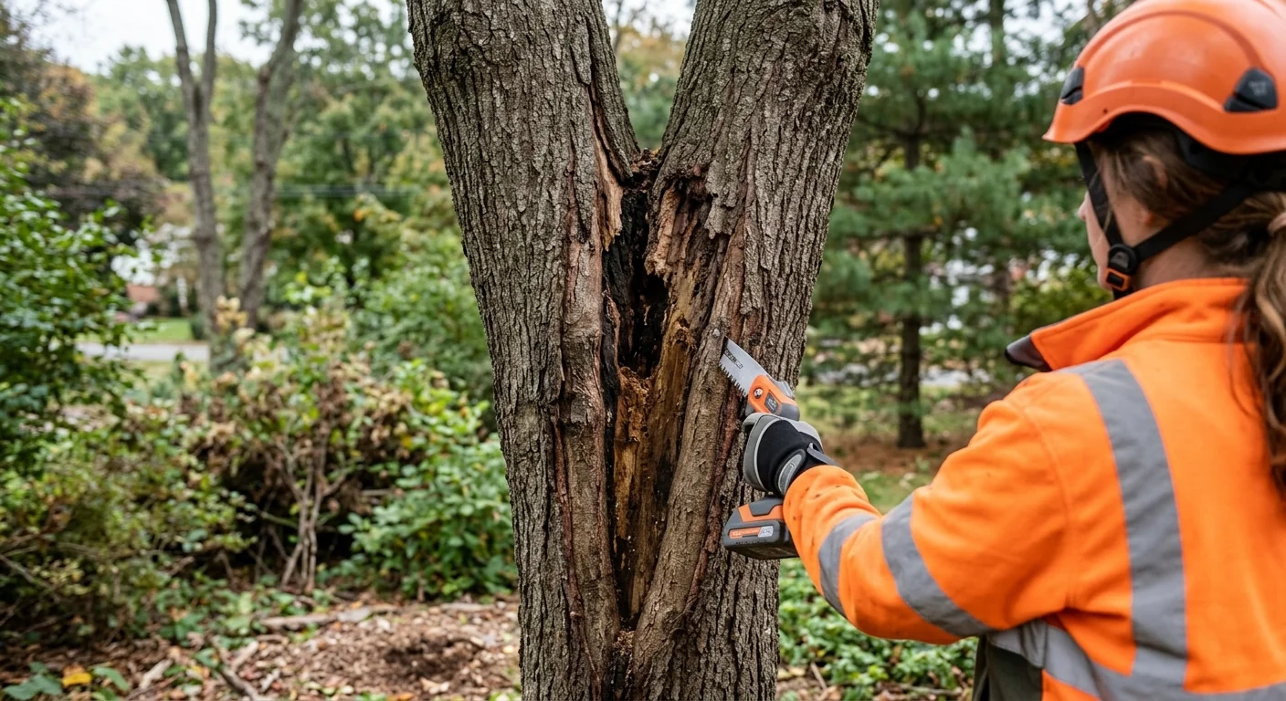 Close-up of a compromised trunk union with visible decay before removal
