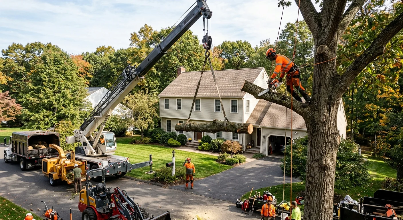 Crane-assisted sectional removal of a large tree over a residential yard