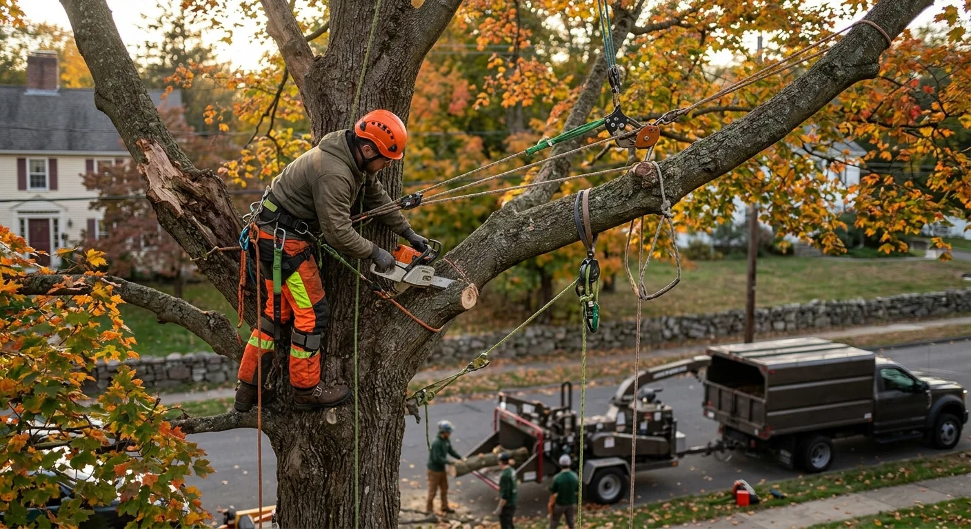 Climber performing controlled rigging cuts high in a damaged maple