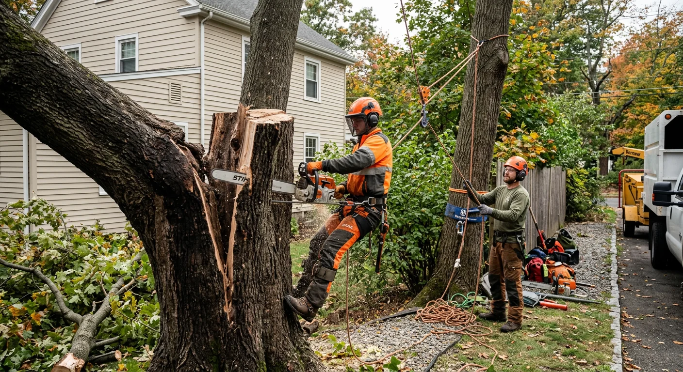 Storm-split tree removal in progress in a tight Shelton backyard