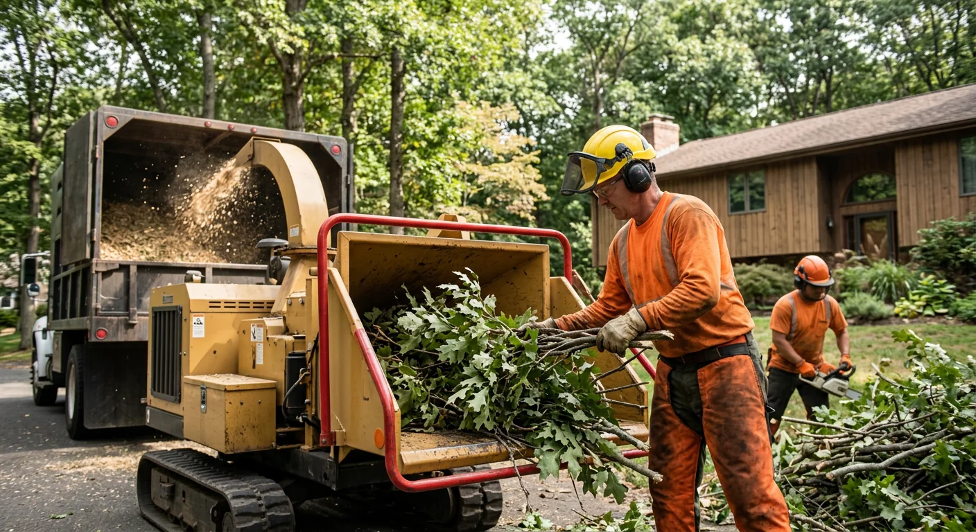 Wood chipper processing branches during hazardous tree cleanup on site