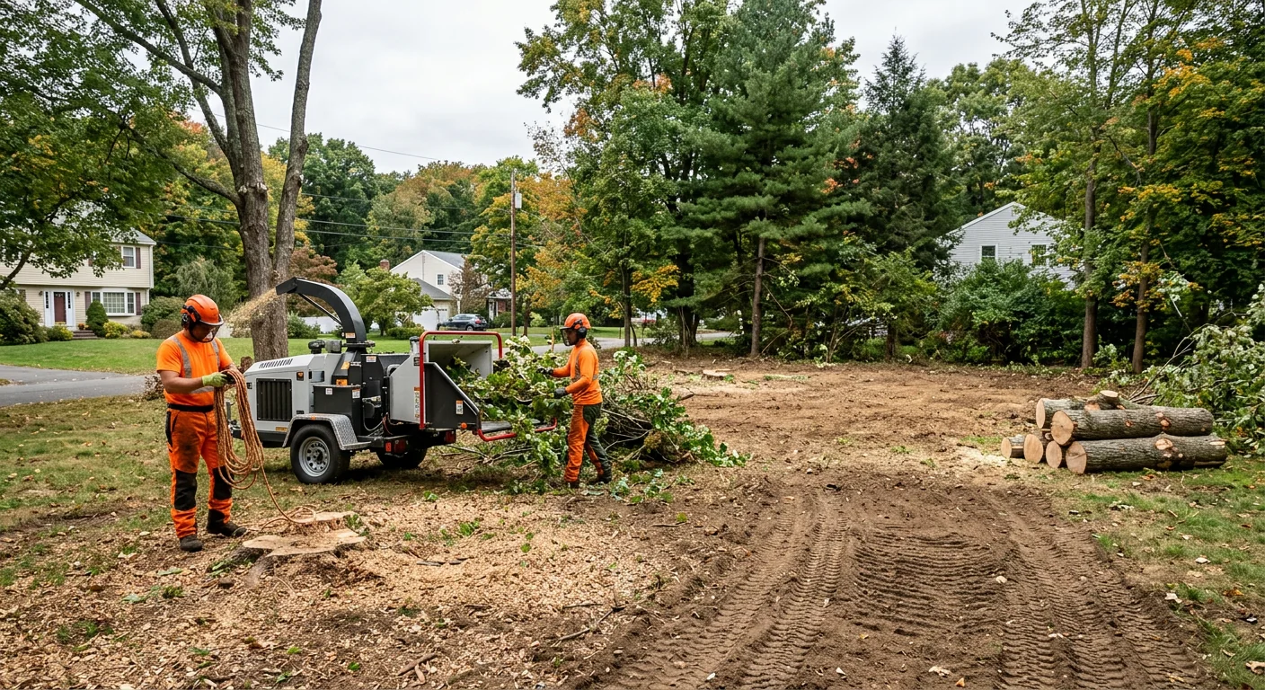 Wide view of a cleared lot after a hazardous tree was safely removed
