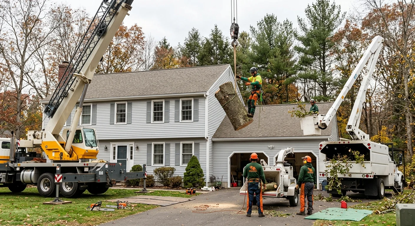 Crane-assisted hazardous tree removal in progress at a Shelton residential property