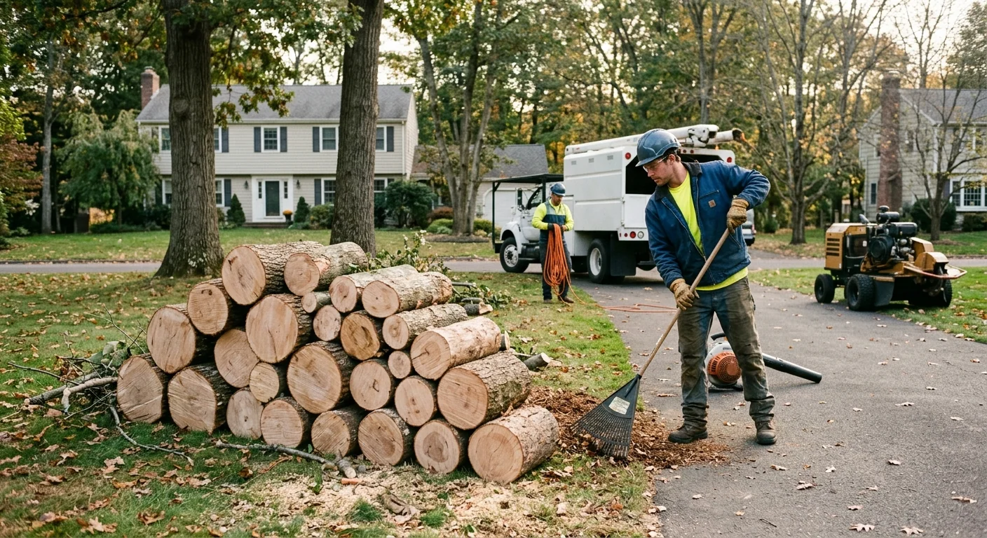 Cleared work zone and stacked logs after hazardous tree removal in Shelton