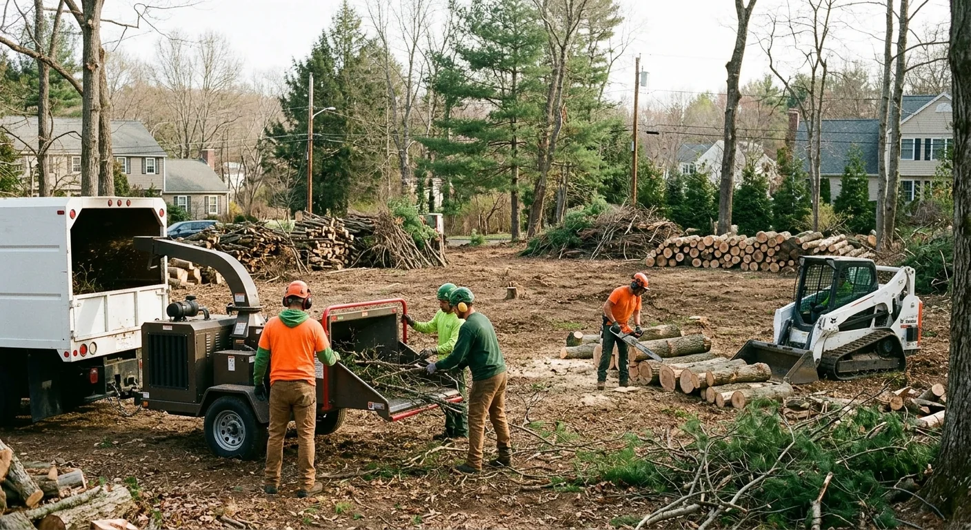 Wide view of a partially cleared residential lot with staged brush piles in Shelton