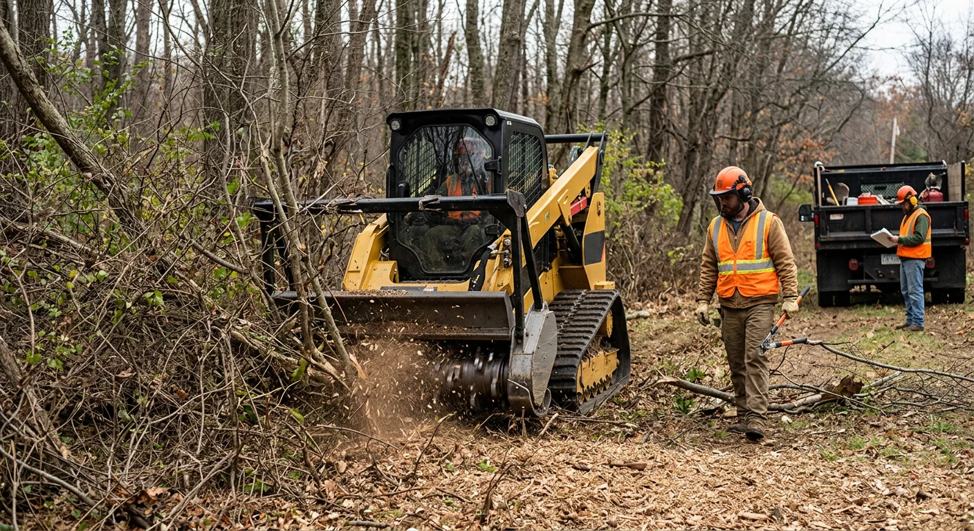 Forestry mulcher processing dense underbrush along a wooded property edge