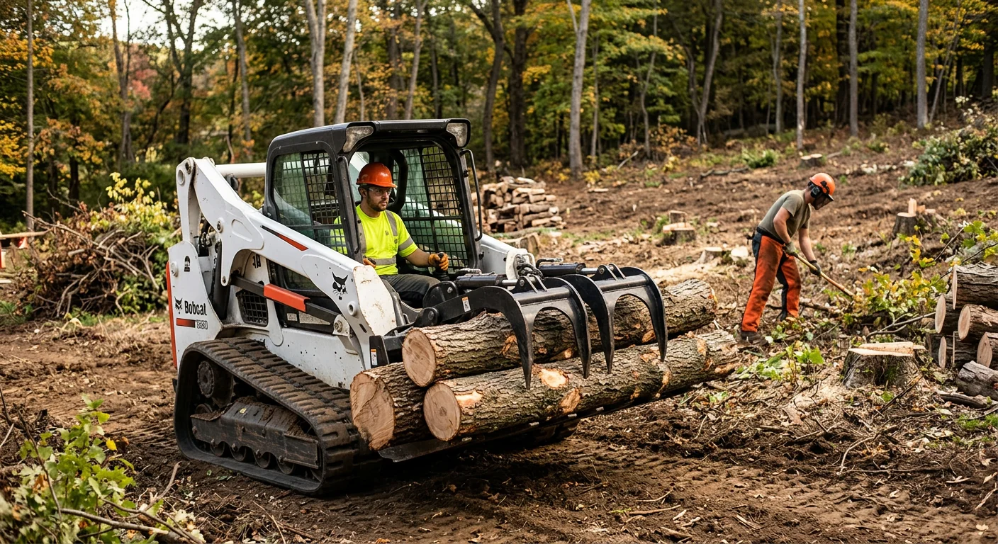 Skid steer with grapple attachment moving cut logs across a clearing site