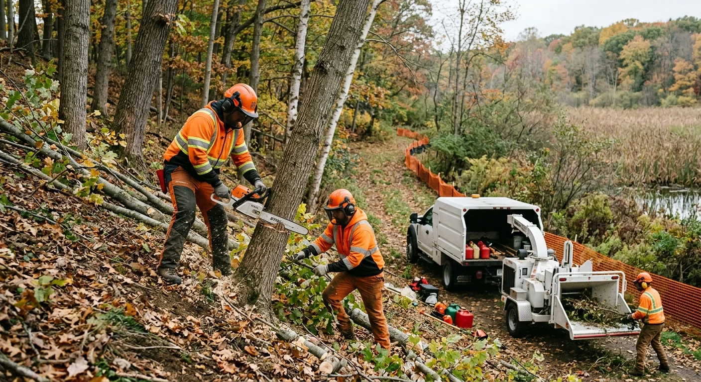 Crew felling smaller trees on a sloped wooded edge near a wetland buffer