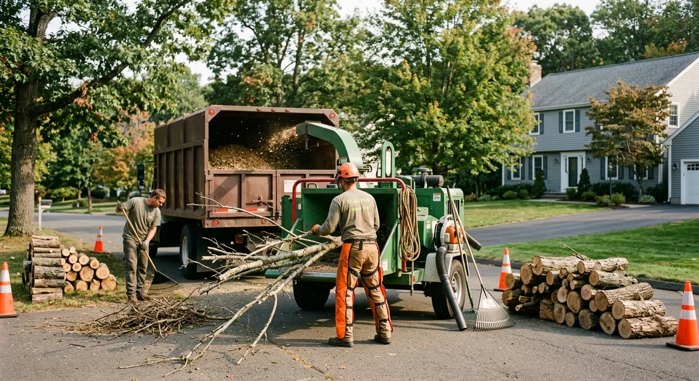 Chipper feeding brush into a truck with an orderly staged work area