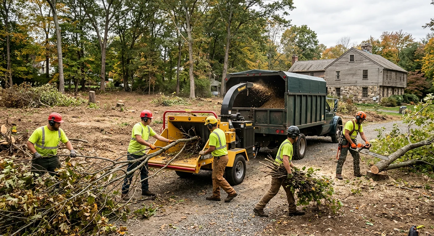 Tree crew processing brush and debris during a lot clearing project