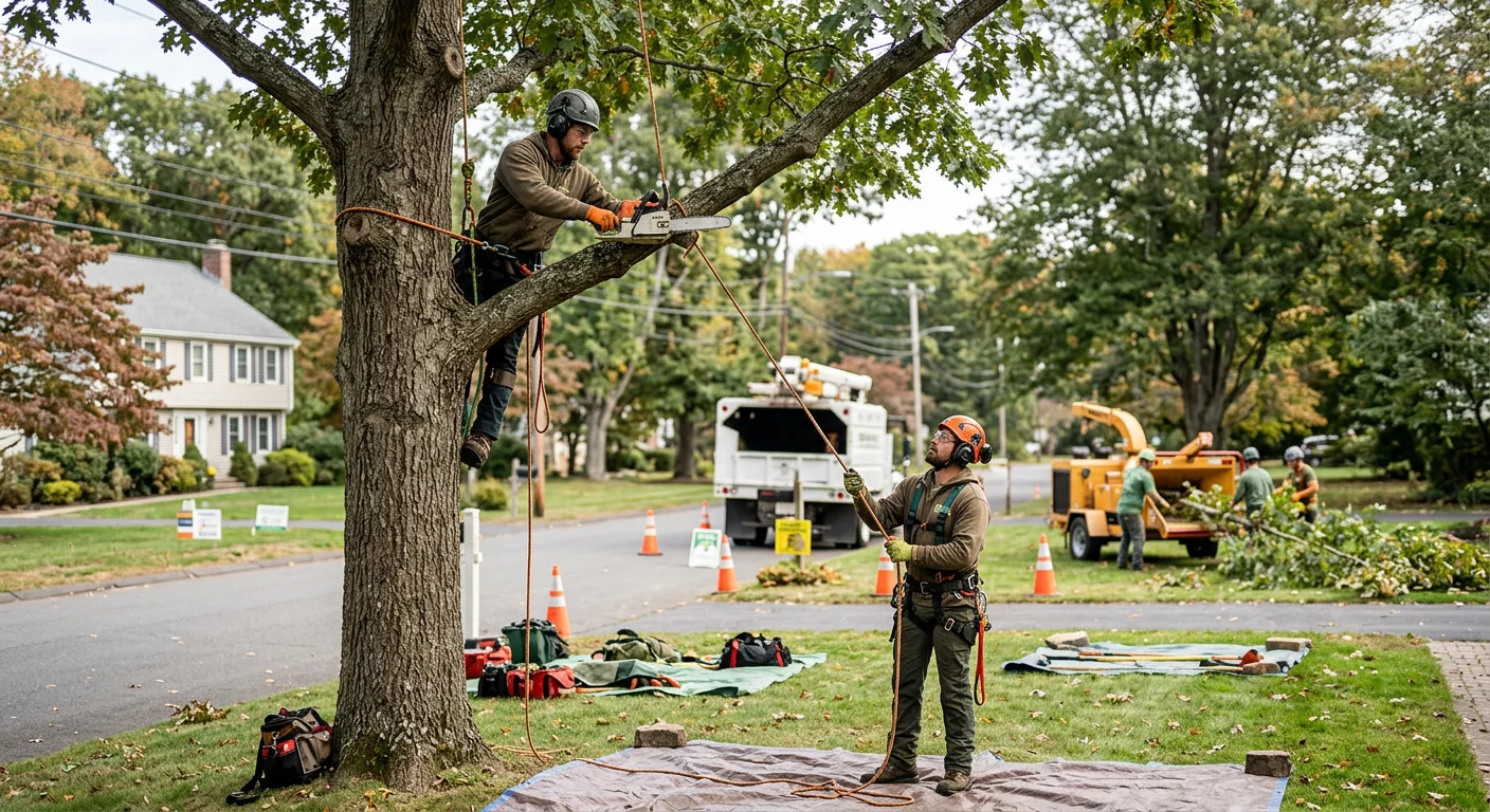Arborist assessing fallen storm-damaged tree limbs across a residential Shelton yard