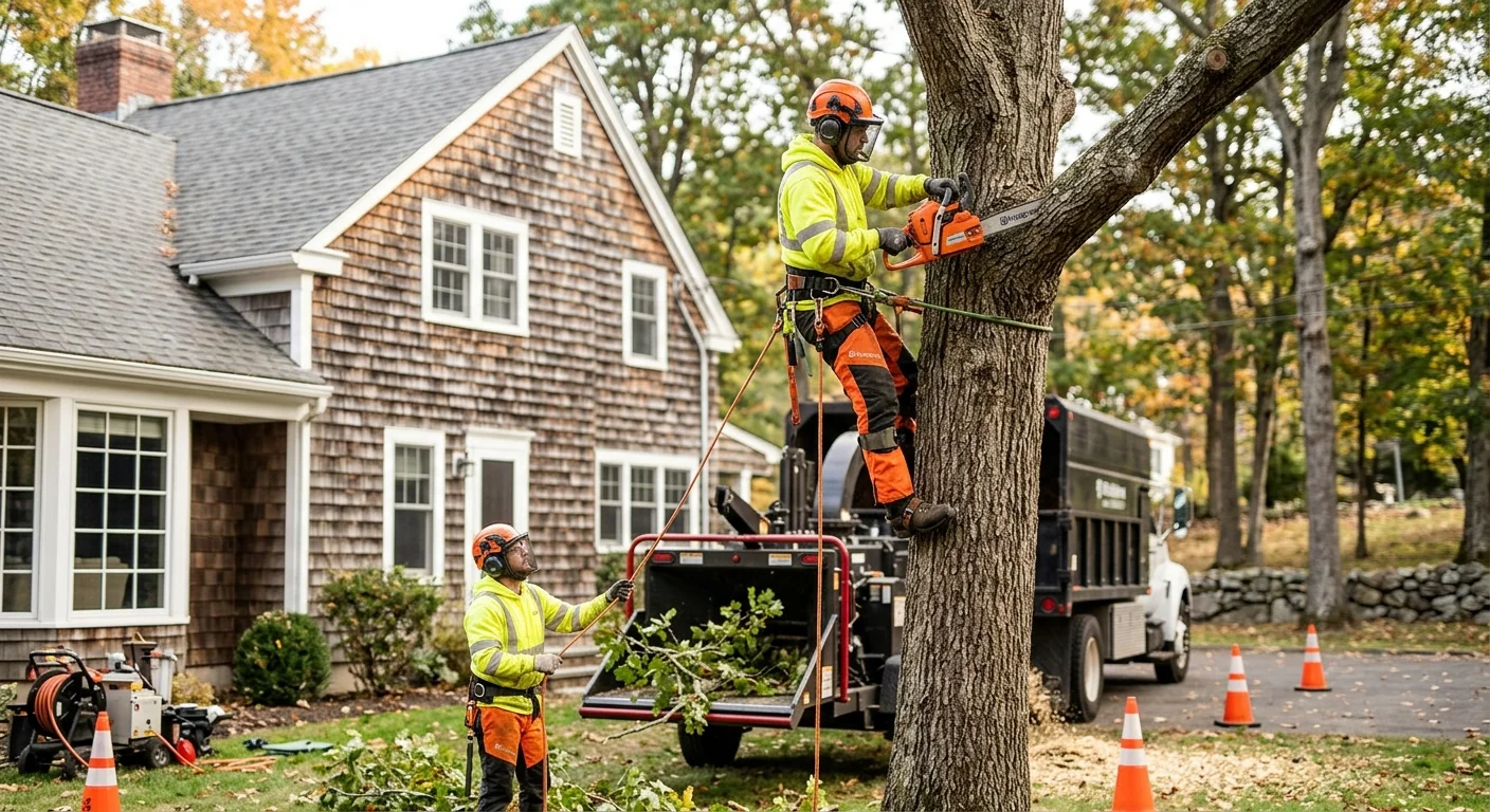 Tree crew clearing storm-damaged branches from a residential Shelton property after severe weather
