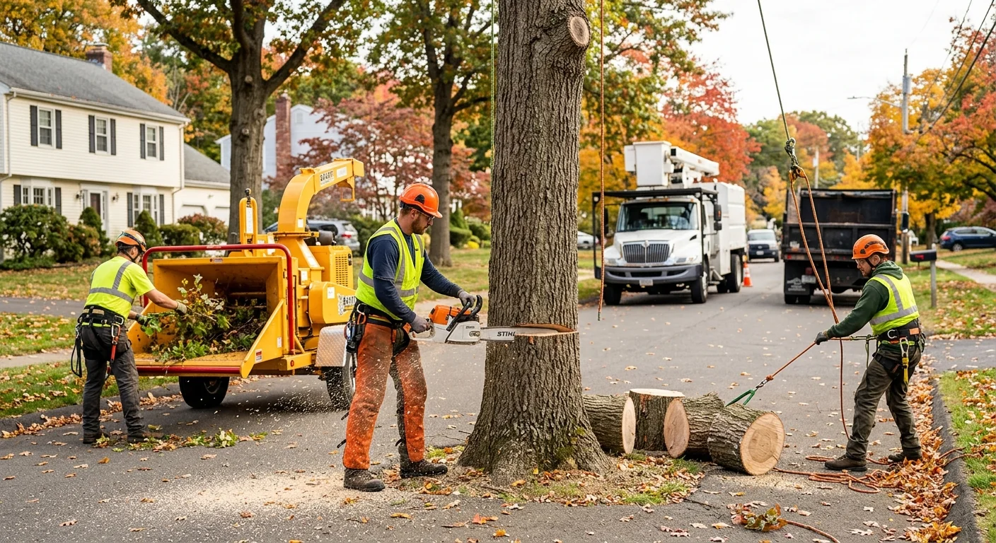 Tree crew clearing storm-downed limbs from a Shelton residential yard