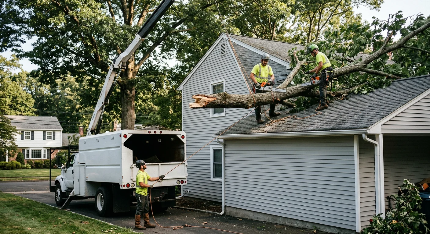 Large hardwood limb resting across a residential rooftop after a Shelton storm